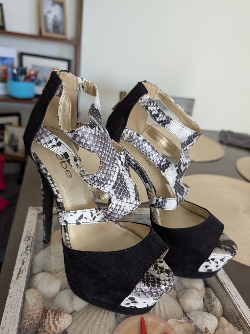 bebe Black & White Snake-Print Cutout High Heel Sandals